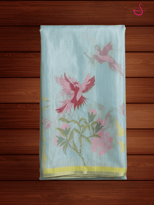 Sky Blue Cotton Tissue Saree with Floral Prints