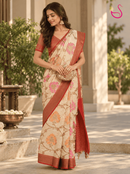Cream floral Banarasi-style saree with pink and orange floral motifs, maroon-red zari border and detailed woven pallu, styled with a matching patterned blouse, worn by a woman in an elegant outdoor setting.