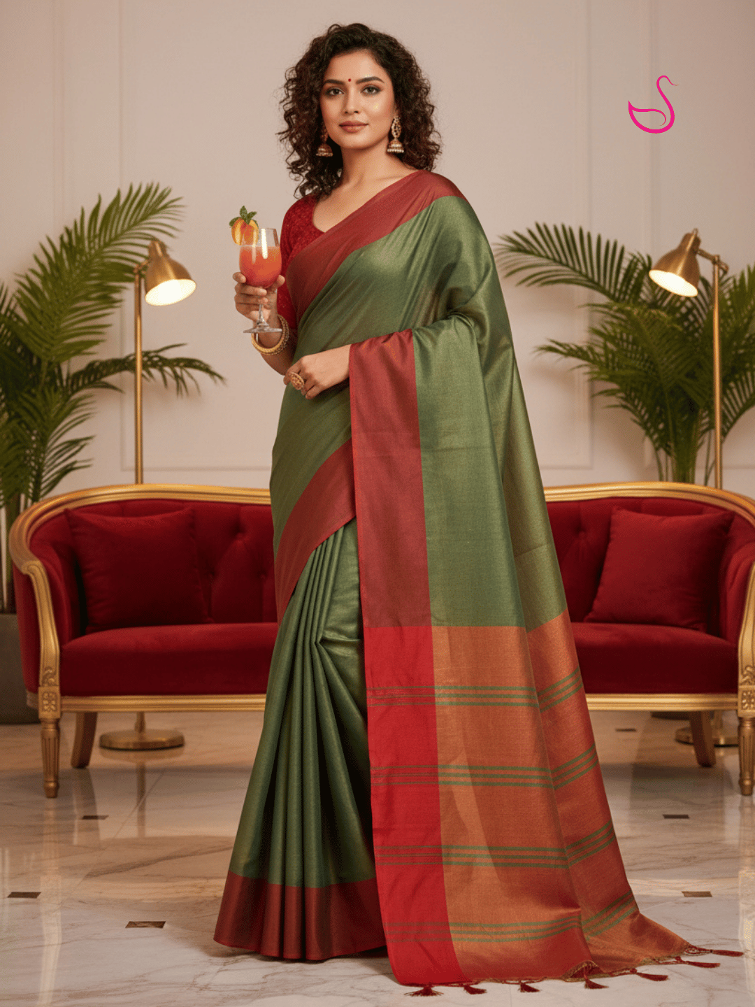 A woman models a green and maroon saree in a decorated indoor setting with maroon sofas and plants. The saree has a sage green body with a wide maroon border and pallu.