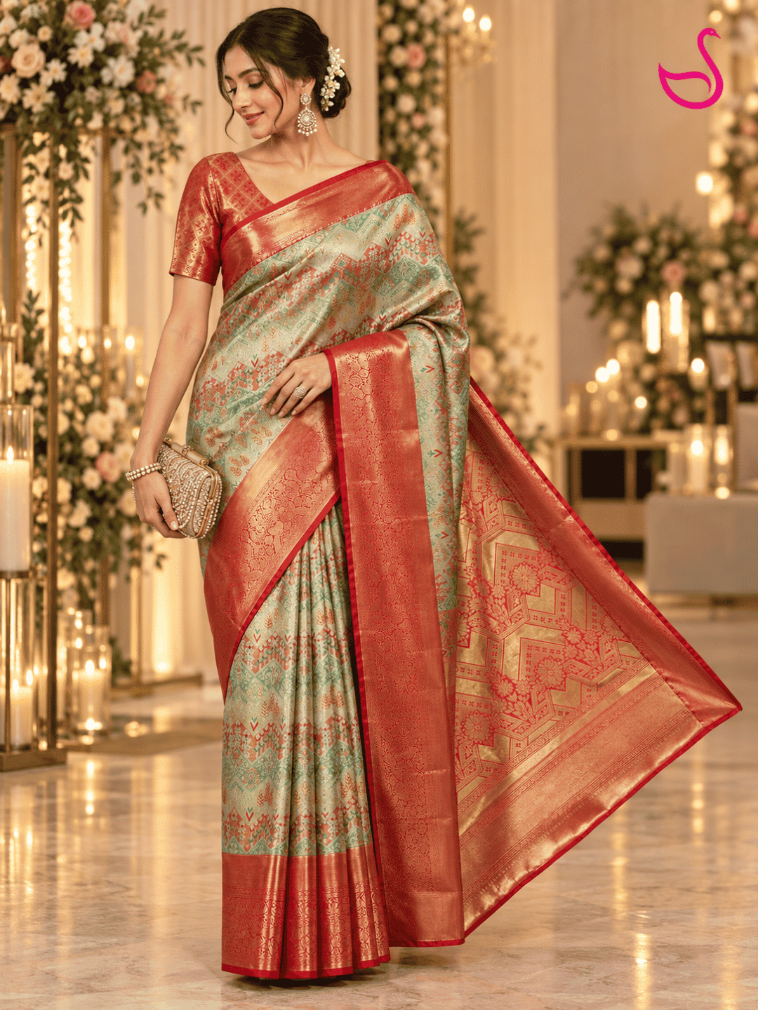 A woman models a traditional Indian saree in a decorated indoor event space with floral arrangements and candles. The saree has a light sage green body with intricate gold zari patterns and a rich coral-red border and pallu.