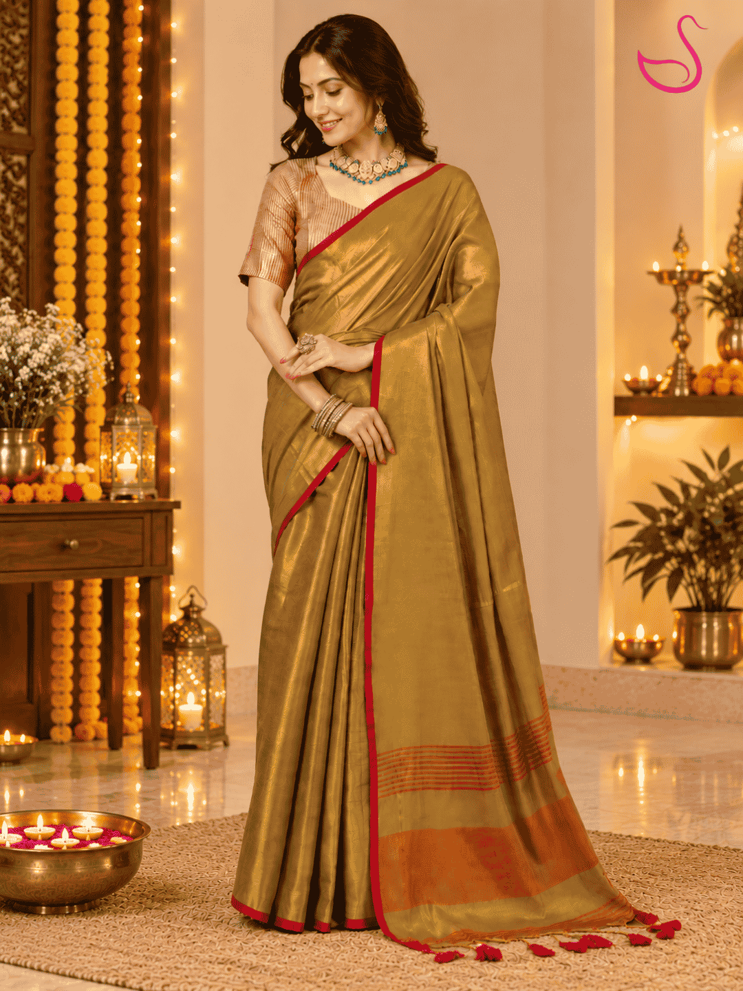 Antique Gold Mul Tissue Saree with Red Border