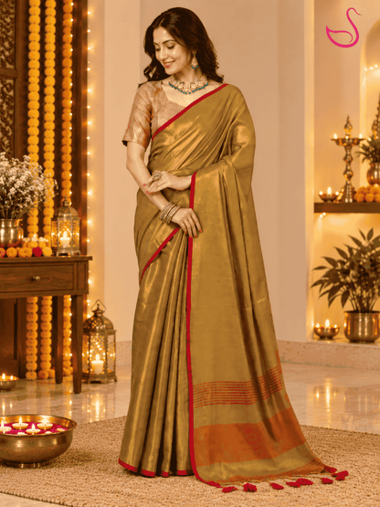 Antique Gold Mul Tissue Saree with Red Border