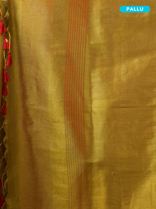 Gold fabric with a red stripe and 'Pallu' label on a yellow background