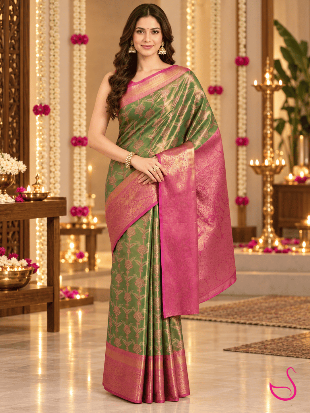A woman models a green and pink silk saree with gold zari patterns in an ornate, warmly lit indoor setting decorated with hanging garlands and candles.