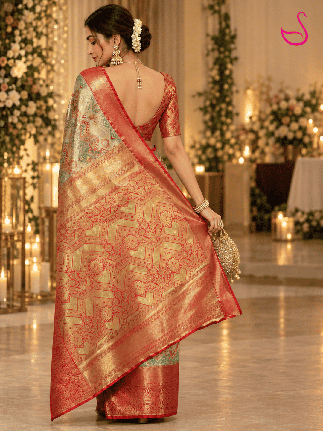 A woman wearing a traditional Indian saree, photographed from behind in an elegant indoor setting with warm lights and floral decorations. The saree has a red border, a gold and red patterned body, and a light green and gold border.