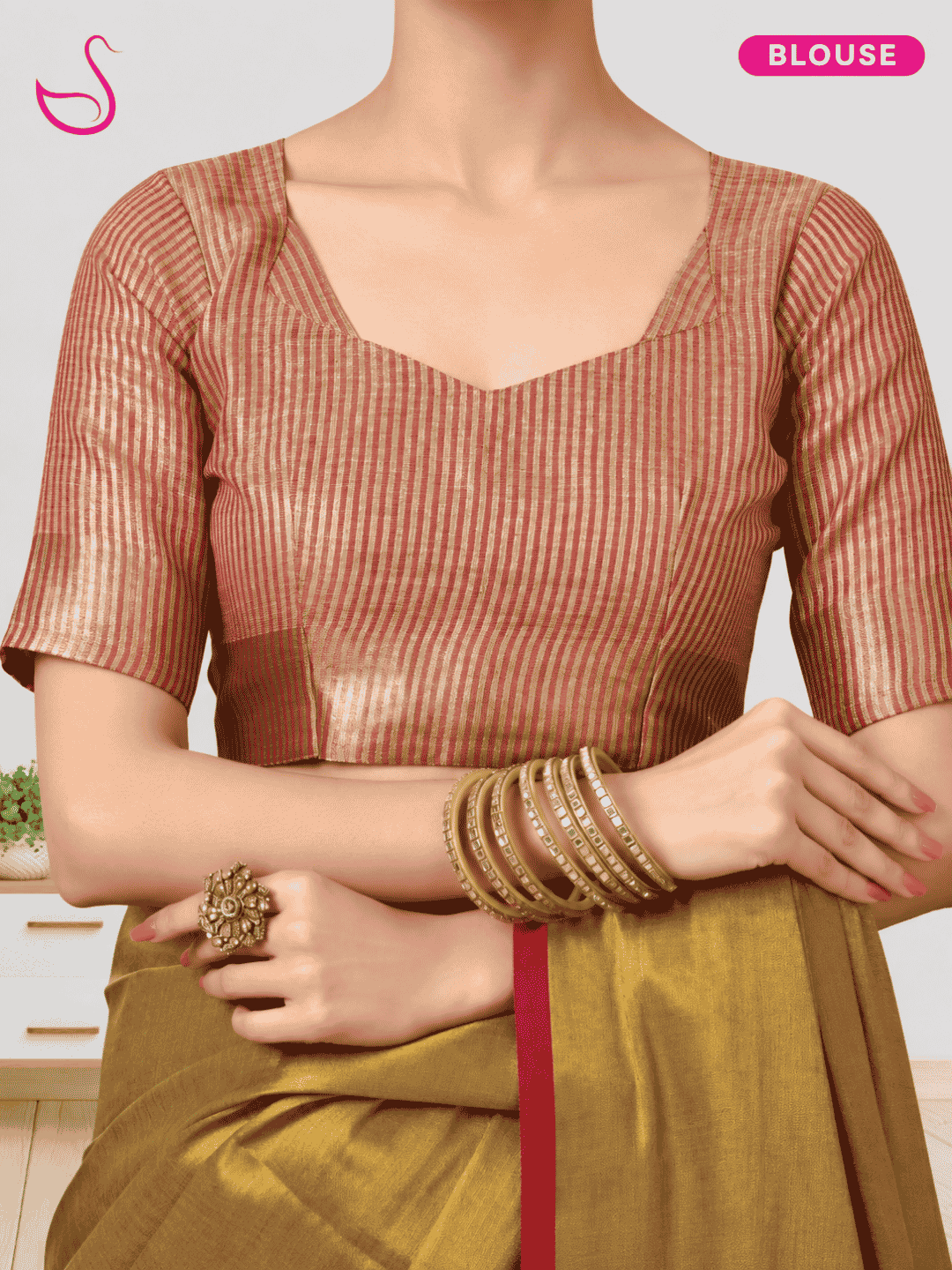 Antique Gold Mul Tissue Saree with Red Border
