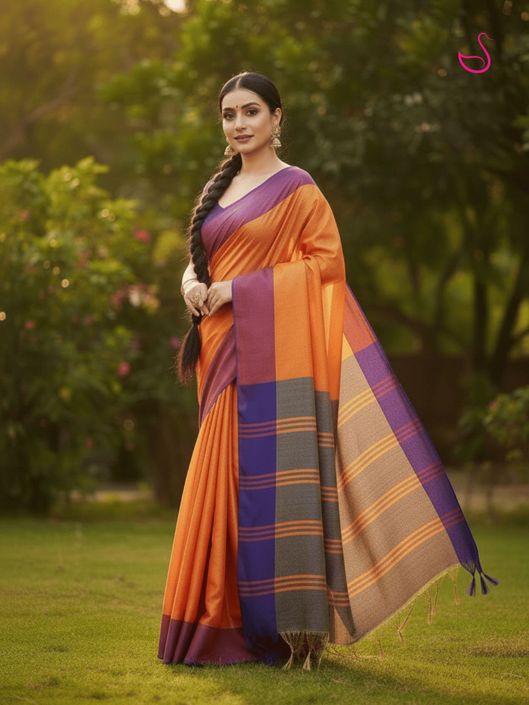 A woman wearing a bright orange saree with purple border and pallu.