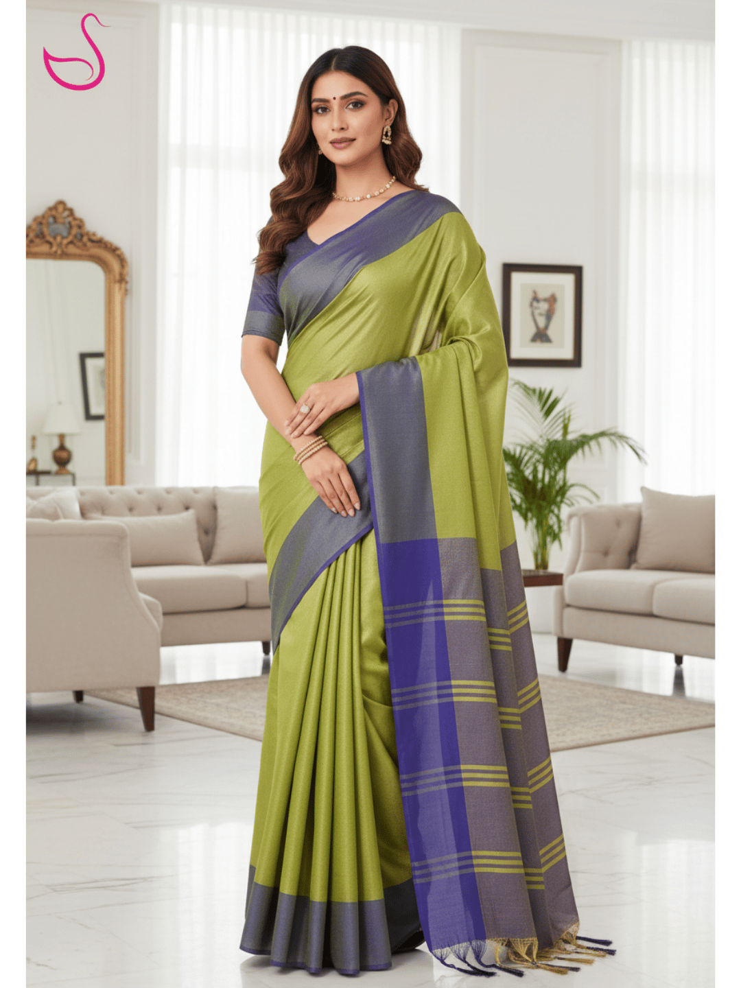 green tissue silk saree with blue border and pallu