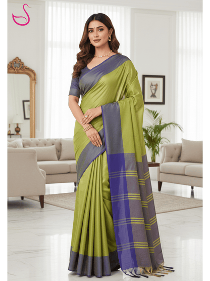 green tissue silk saree with blue border and pallu
