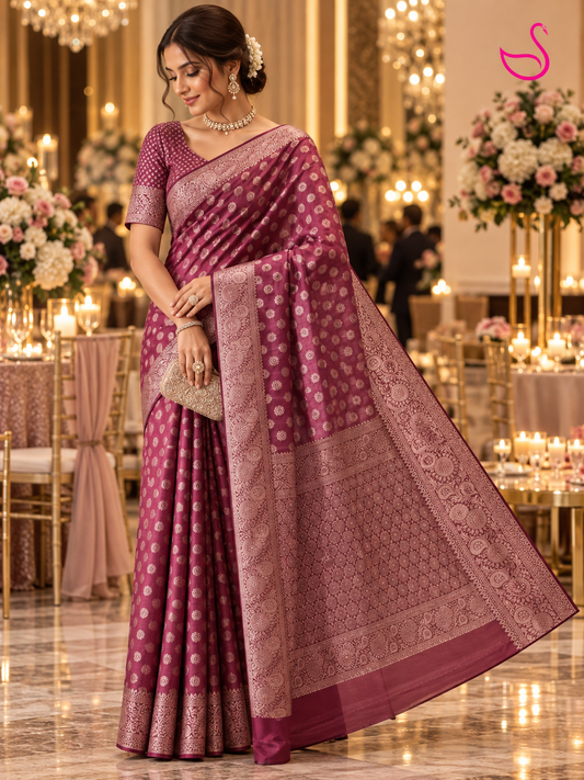 woman wearing a deep plum/maroon woven saree with intricate cream-gold motifs, an ornate brocade border and detailed pallu, styled with statement jewellery and flowers in her hair, photographed from the back in a luxurious wedding reception setting.