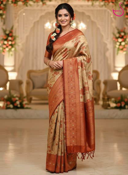 Copper Floral Jacquard Art Silk Saree
