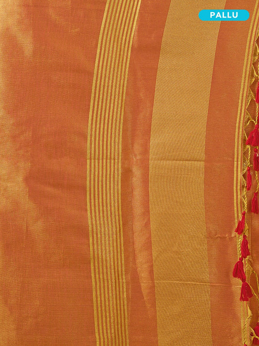 Orange saree with gold stripes and red tassels, labeled 'Pallu'.