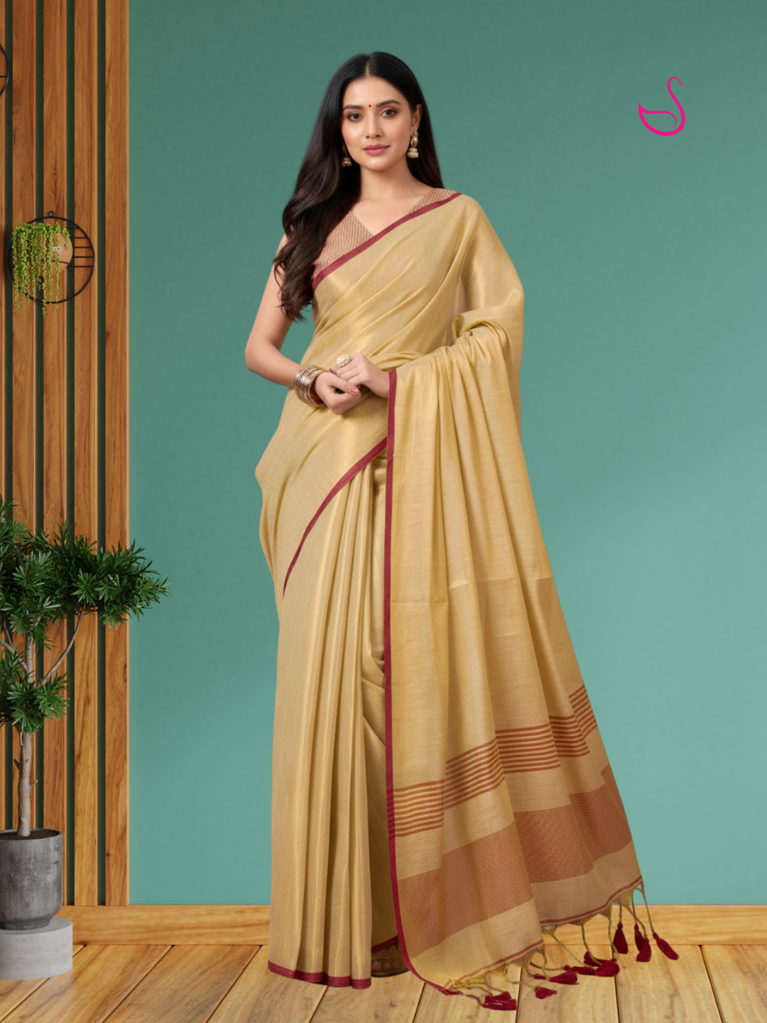 Light Golden Mul Tissue Saree with Red Border
