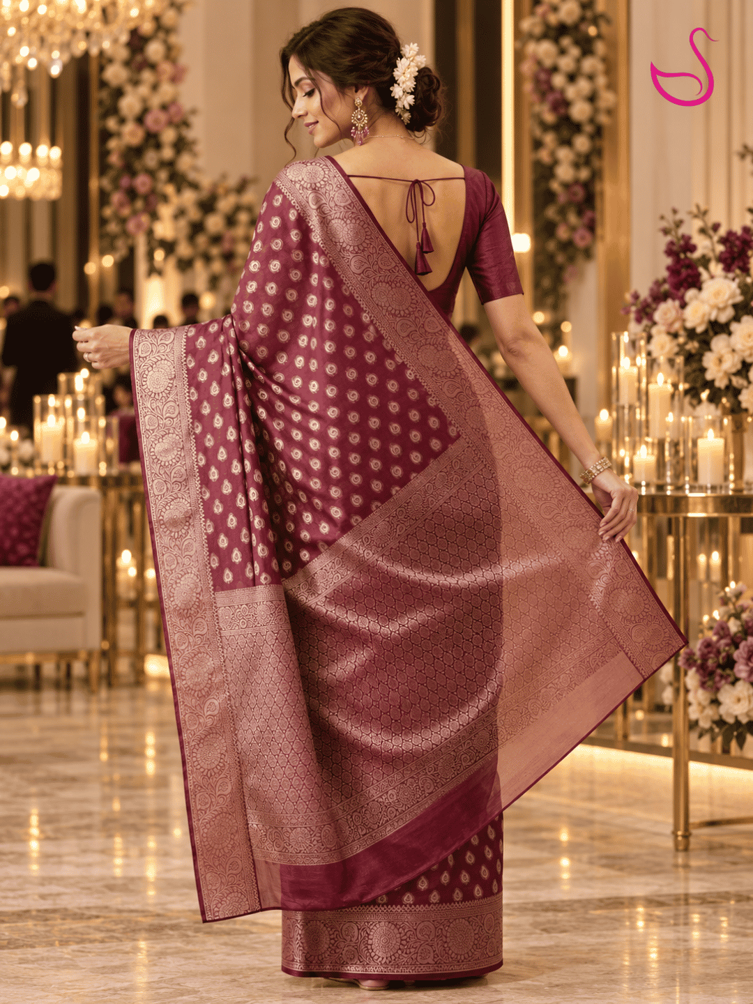 Maroon woven saree blouse with intricate all-over traditional motifs, short sleeves, a deep V-shaped back neckline and detailed patterned borders, displayed against a dark interior background.